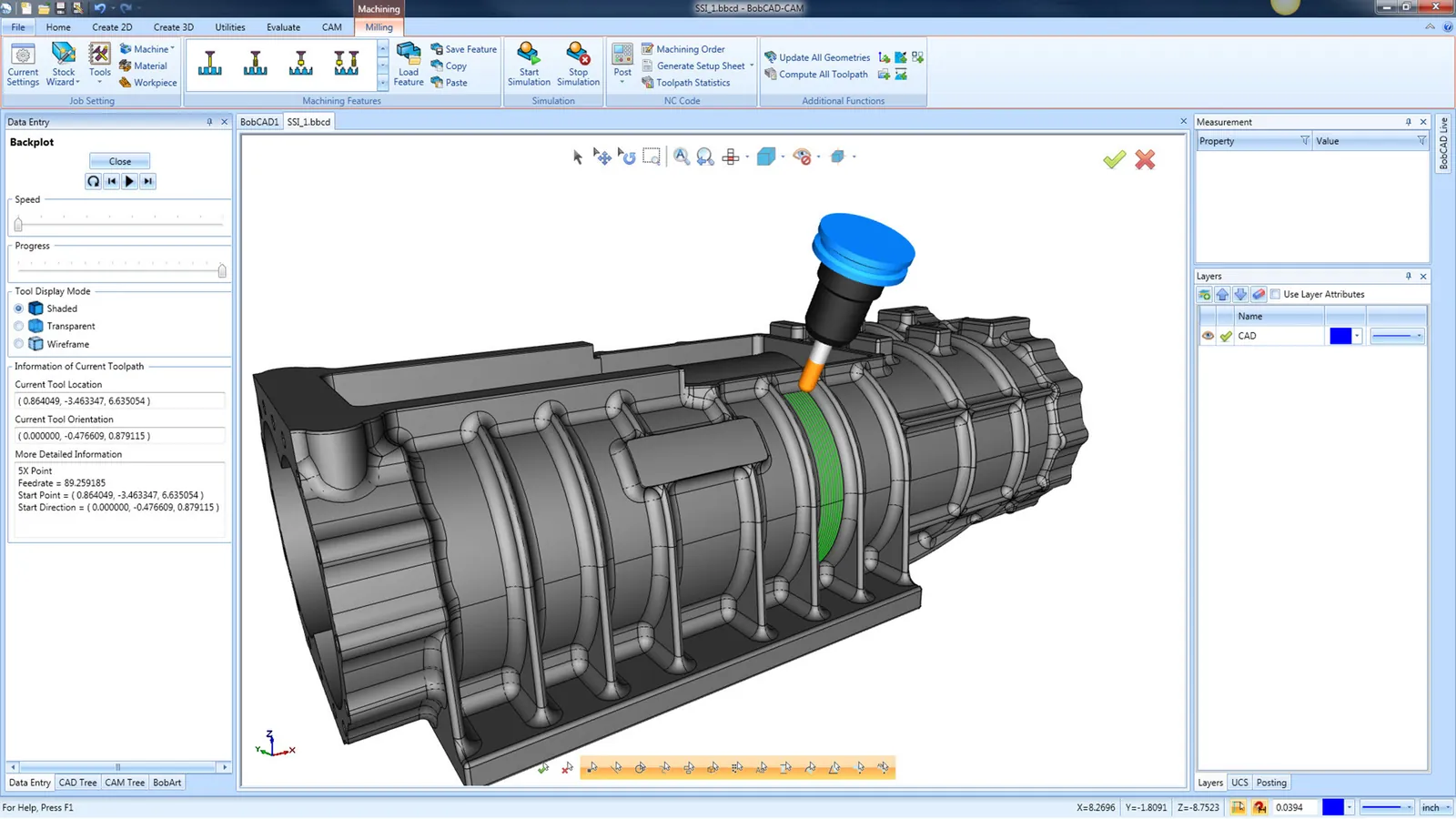 BobCAD-CAM arayüzünde 5 eksen takım yolu simülasyonu