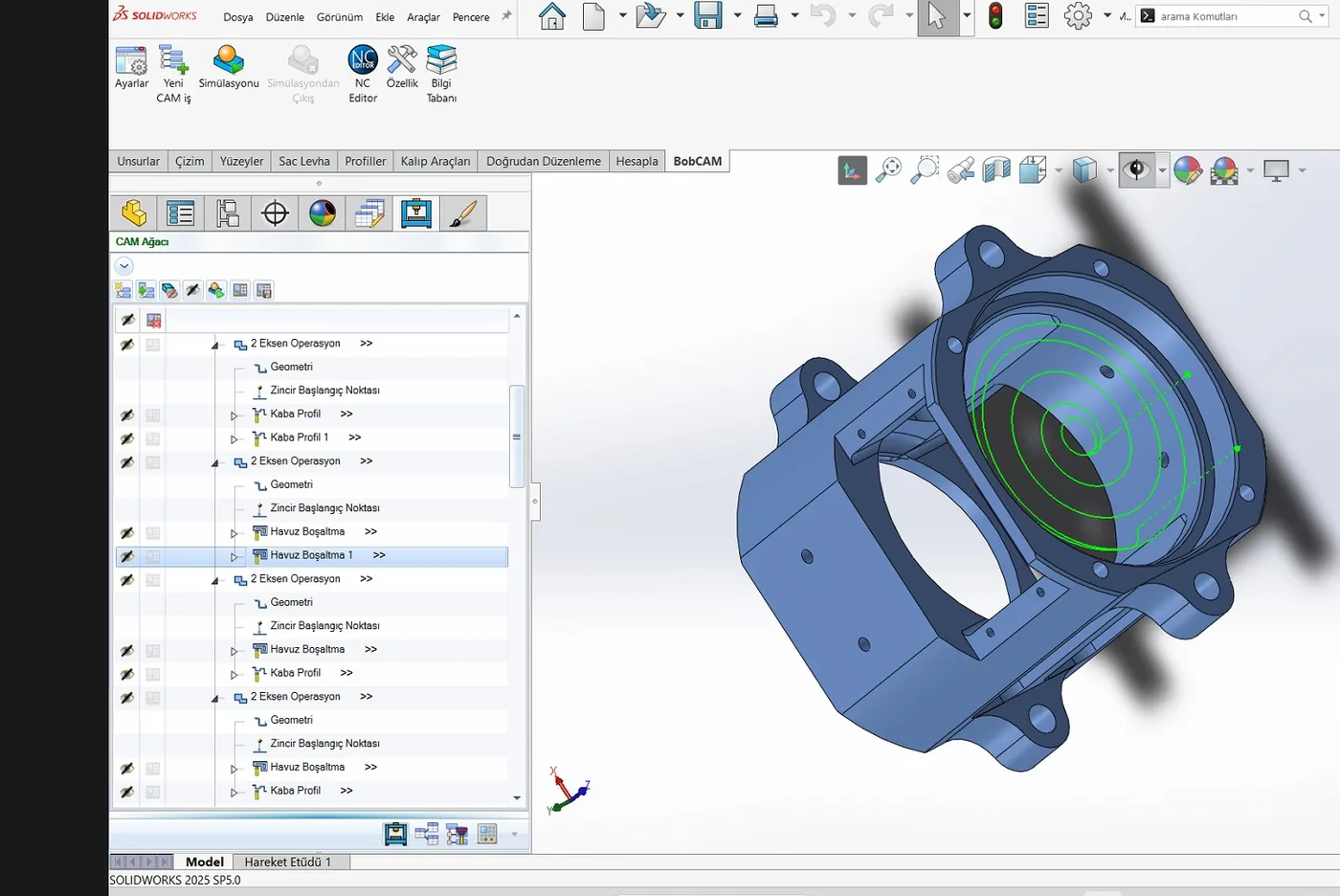 SOLIDWORKS içinde BobCAM sekmesi ve Türkçe CAM ağacı: 2 eksen operasyon, havuz boşaltma, kaba profil